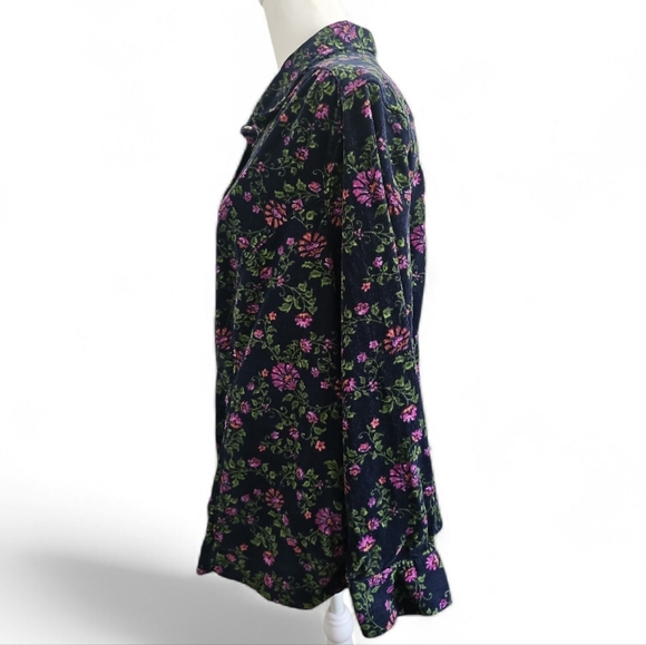 Basic Editions Plus 100% Cotton Navy Floral Corduroy Button Down Blouse 1X - Picture 2 of 4